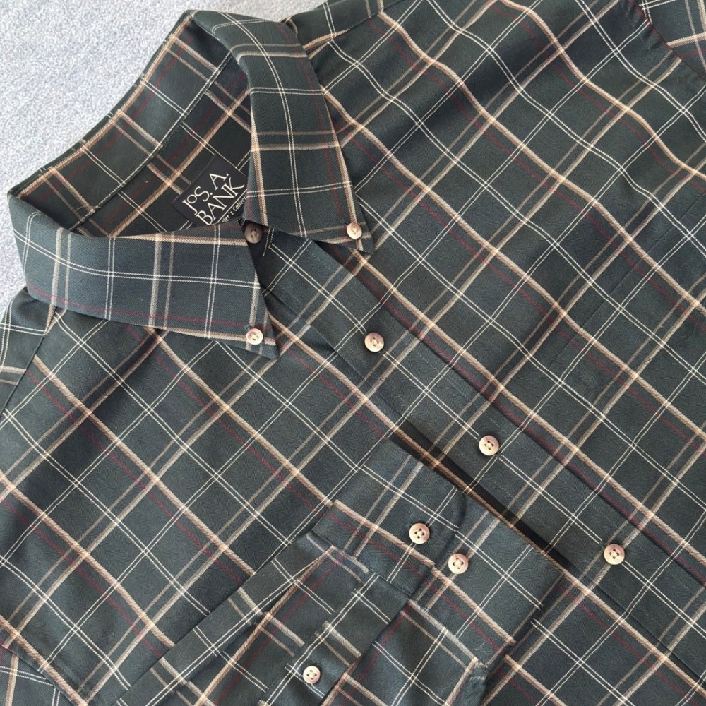 Jos A Bank Travelers Collection Plaid Shirt XL Green Herringbone Button Down